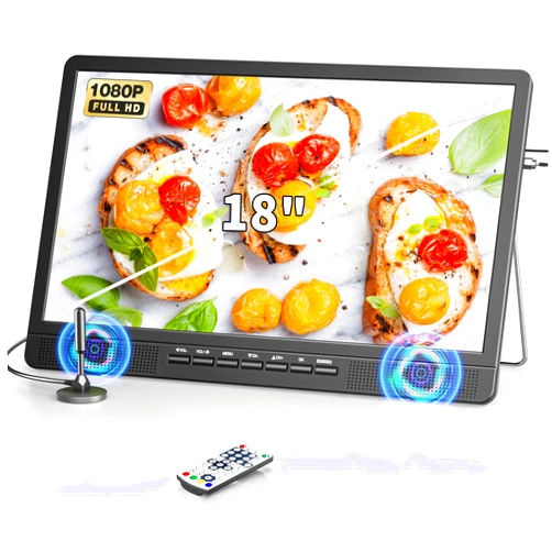DESOBRY 18 Inch Portable TV with Antenna, Small TV with 1080P HDMI Input, AV Input, USB Port, Portable Monitor with Built-in Stand, Small Portable TV for Kitchen Bedroom Camping RV, Remote, No Battery