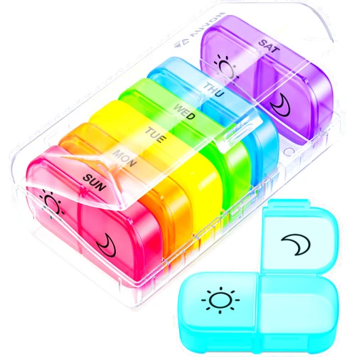AUVON XL Weekly Pill Organizer 2 Times a Day with Large Opening for Easy Filling, AM PM Pill Box 7 Day in Rainbow Colors, Portable Travel Pill Case for Medication, Vitamins, Fish Oils, Supplements
