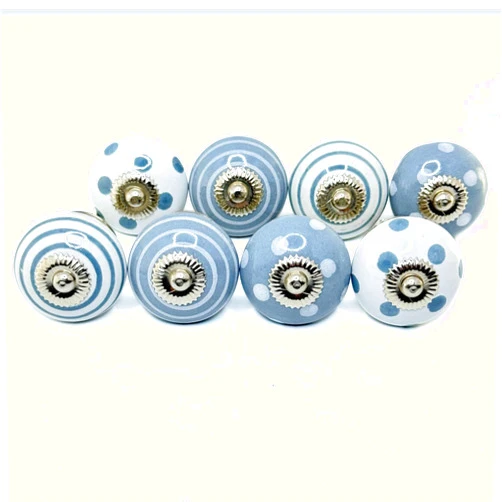 Perilla Home Printed Ceramic Knobs for Cabinet Vintage Kitchen - Set of 8 Assorted Decorative Cupboard Door & Wardrobe Drawer Pulls Chrome Hardware Handle Mix Design Knobs (White & Grey)
