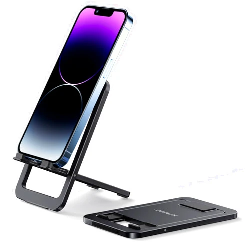 JSAUX Cell Phone Stand, Foldable Aluminum Adjustable Phone Holder for Desk Portable Travel Holder Office Desk Accessories Compatible for iPhone 15 14 13 12 11 Pro Max X Samsung S24 S23 Steam Black