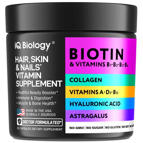 IQ BIOLOGY Biotin 10,000 mcg Supplement for Hair Growth with Collagen & Keratin for Hair Loss & Thinning Hair - Hair Skin and Nails Vitamins for Women & Men - Healthy Regrowth, Skin Glow & Nail Repair - 60 Caps