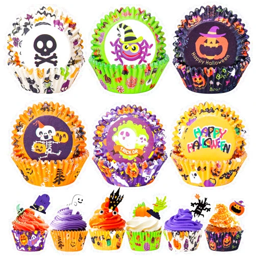 Homyplaza Halloween Cupcake Liners with Toppers Picks, Standard Wrappers Cupcake Disposable Baking Cups Muffin Liners for Halloween Party Decorations Supplies (150 Liners & 150 Toppers)