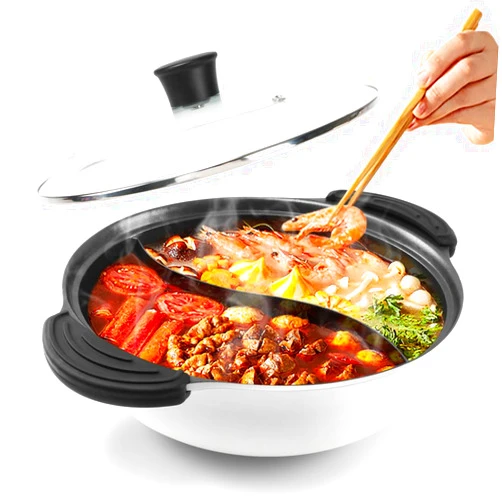 Kxuhivc Hot Pot with Divider for Induction Cooker Dual Sided Soup Cookware Two-flavor Chinese Shabu Shabu Pot for Home Party Family Gathering, 4.5 Quart (White)