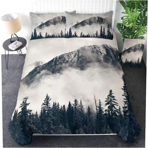 Sleepwish Duvets Covers Grey and White 3D Foggy Mountains Print Bedding Sets Twin Vintage Pattern Soft Luxury 3 Pieces Duvet Cover with 2 Pillow Cases