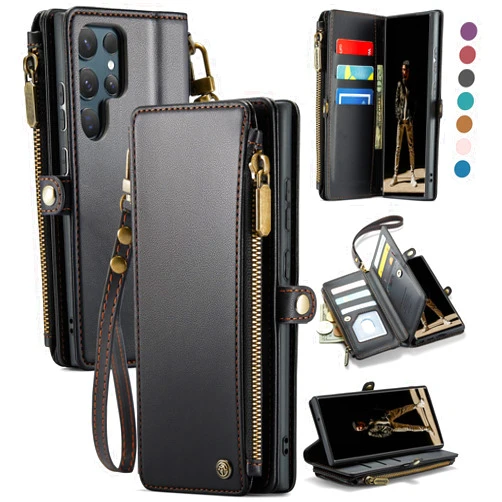 Defencase Compatible with Samsung Galaxy S22 Ultra Case Wallet with RFID Blocking Card Holder for Women Men, PU Leather Magnetic Snap Flip Zipper Strap Phone Case Fit for Galaxy S22 Ultra 5G, Black