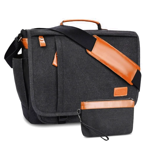ESTARER Mens Messenger Bag 17-17.3 Inch Laptop Bag Water-resistant Canvas, College/Work/Travel Computer Shoulder Bag with Pencil Case Pouch, Dark Grey
