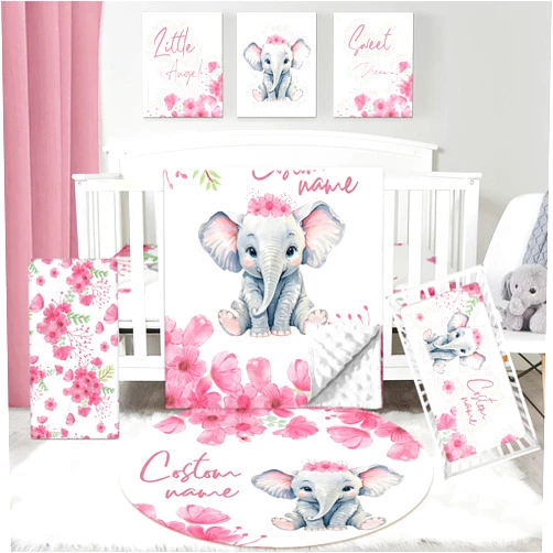Dyoart Personalized Baby Crib Bedding Set: 5 Piece Custom Gift Calf Elephant Cow Crib Bed Set with Name,Nursery Bedding Set for Toddler Girls Crib,Infant Boys Crib Sets, Floral Crib Bedding Gifts(Fixed Size)