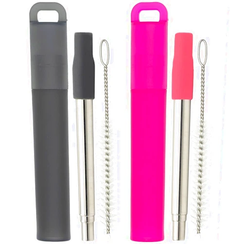 NAIVELY-Metal Reusable Straws, 2 Pack Collapsible Portable Stainless Steel Straws, with Plastic Housing Silicone Tips and Cleaning Brush, Retractable Portable Pocket Drinking Straws
