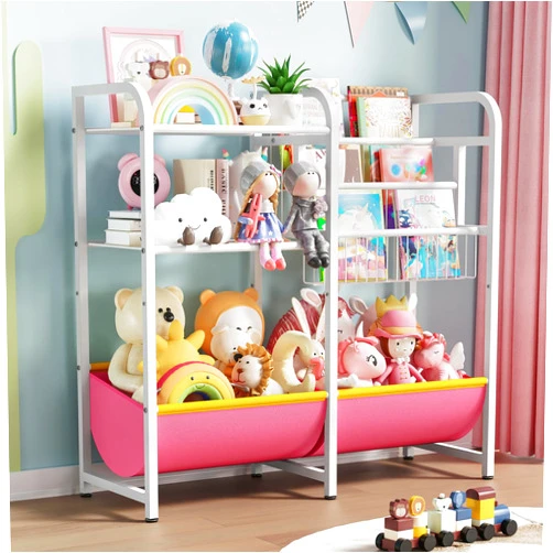 GUIBUKEYAN Kids Bookshelf and Toy Storage - 3 Tier Montessori Bookshelf with Fabric Toy Box, Nursery Book Shelves for Children, Baby Toddler Toy Organizer Book Shelf for Kids Rooms, Living Room, Bedroom