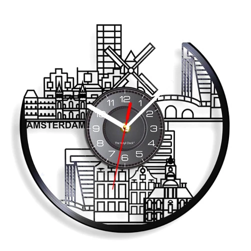 Timethink 12 Inch Amsterdam Netherlands Wall Clock, Landmark Buildings Silent Quartz Non Ticking Battery Operated Modern Decorative Analog Vinyl Record Wall Clock for Living Room Bedroom Office Decor