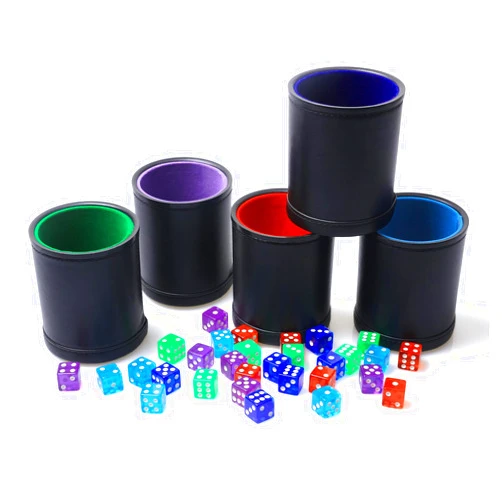 RERIVER 5 Pack PU Leather Dice Cups Velvet Felt-Lined Shaker Cups with 30 Dot Dice for Bar Party Yahtzee Farkle Dice Games