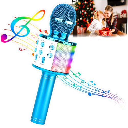 ShinePick Karaoke Microphone, 4 in 1 Wireless Microphone with LED Lights Handheld Portable Karaoke Machine, Home KTV Player, Compatible with Android & iOS Devices(Blue)