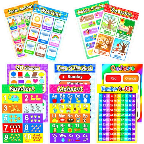 Blulu Educational Preschool Poster for Toddler and Kid with Glue Point Dot for Nursery Homeschool Kindergarten Classroom - Teach Numbers Alphabet Colors Days and More 16 x 11 Inch (10 Pieces, Style B)