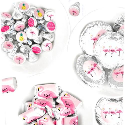 Big Dot of Happiness Pink Flamingo - Party Like a Pineapple - Mini Candy Bar Wrappers, Round and Circle - Tropical Summer Favor Sticker Kit - 304 Pieces