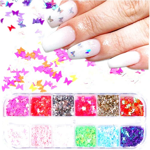 Qdsuh 12 Colors Butterfly Glitter Nail Sequins Holographic 3D Nail Art Flakes Colorful Confetti Glitter Sticker,Nail Art Design Makeup DIY Decoration Kit,Nail Sequins for Face Body Eye Hair