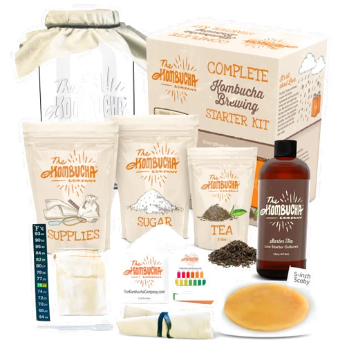 The Kombucha Company Kombucha Home Brewing Starter Kit | 5-Inch Large Scoby Kombucha Starter Kit | Complete Kit Includes What You Need w/ 16 oz Starter Tea, Brewing Jar & Brewing Supplies | Brew Unlimited Kombucha
