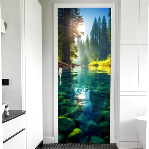 REDAMANCY Blue Green Forest River Jungle Landscape Peel and Stick Door Stickers Vinyl 3D Door Mural Decals Decor Modern Door Wallpaper Self-Adhesive, Waterproof, Removable