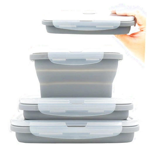 Duoyou Collapsible Silicone Lunch Bento Box, Portable Food Storage Container Outdoor Picnic Box Space Saving, Microwave, Dishwasher and Freezer Safe, 3 Pcs Set (Grey)