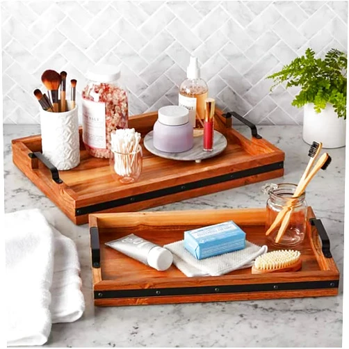 ASRUMAL Wood Rectangular Serving Trays, Set of 2, Natural Acacia Wood and Metal, Large Tray 18