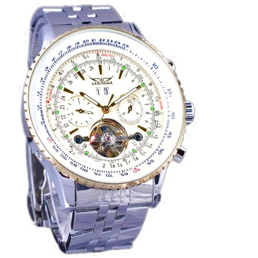 JARAGAR Golden Bezel Big Dial Tourbillon Design Mens Watches Brand Luxury Stainless Steel Automatic Mechanical Wrist Watch with Calendar