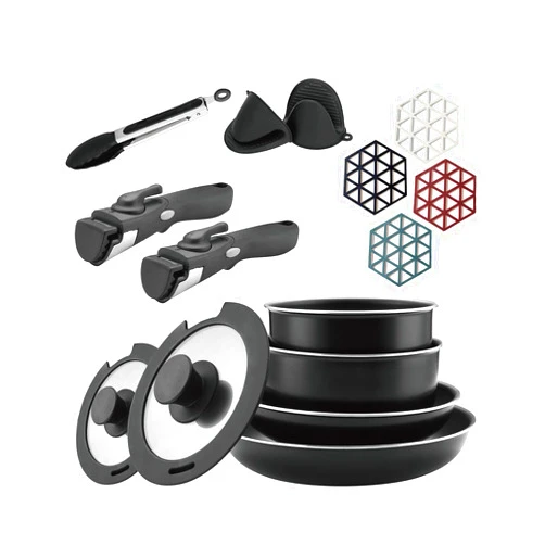 Abizoe 15 Piece Non-Stick Cookware Set Non-Stick Pans and Pots with Removable Handles, Space Efficient Excellent for RVs and Compact Kitchen (15 pieces)