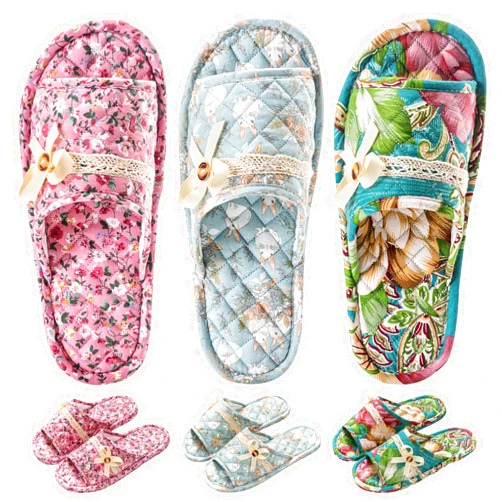 Biroris 3 Pairs Floral Cotton House Slippers for Women, Open Toe Indoor Slippers Comfortable Washable Portable Foldable Guest Travel Hotel Airplane Spa Slippers