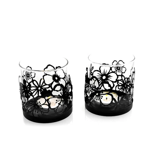 Lily's Home Lily’s Home Cutout Shadow Box Votive Tea Light Hurricane Glass Candle Holders, Centerpiece Lighting for Weddings, Entertaining and Home Decor, Flowers Garden Design, Black, Set of Two