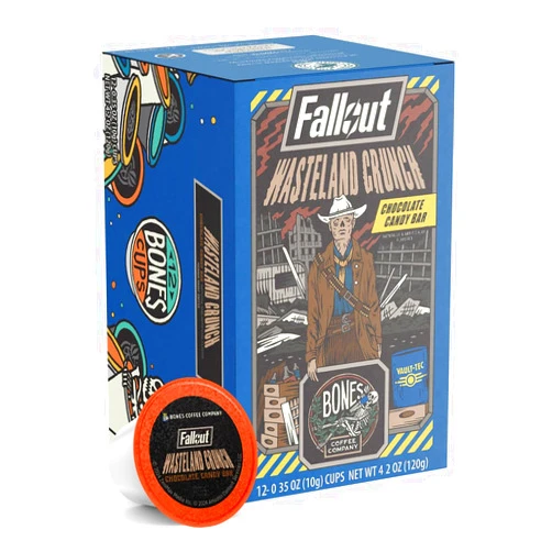 Bones Coffee Company Flavored Coffee Bones Cups Wasteland Crunch Flavored Pods Chocolate Candy Bar Flavor | 12ct Single-Serve Coffee Pods Inspired From Fallout Series