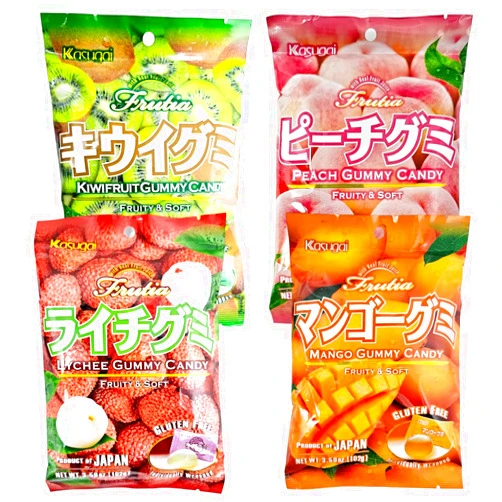 YCNO KOMBOFAN (Variety 4 packs) Kasugai Lychee Gummy Candy, Kiwifruit Gummy Candy, Mango Gummy Candy, Peach Gummy Candy, Fruity and Soft, Frutia with Real Fruit Juice, Gluten Free, Individually Wrapped, (3.59oz,3.77oz,3.59oz,3.77oz Total: 14.72 oz)