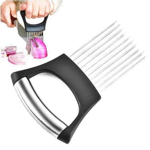 ENDLILI Stainless Steel Onion Holder for Slicing Multifunctional Onion Holder Slices Food Slicer Assistant,suitable for Vegetable Tomato Potato Meat Onion Cutter Tool Kitchen Gadgets (black)