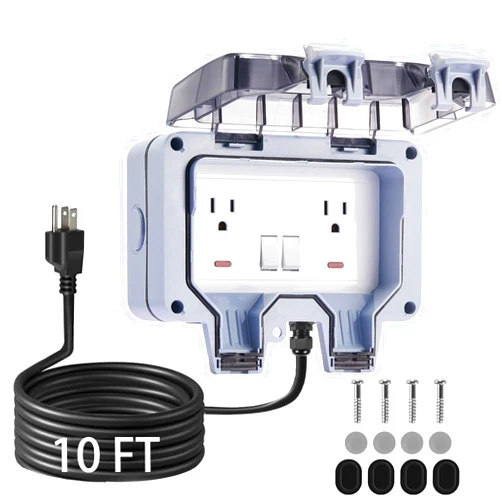 Toptozl Outdoor Electrical Outlet Box with Switch & 10ft Extension Cord, NEMA 5-15R Outdoor Power Strip Weatherproof, STW 14 AWG, IP66 Waterproof Wall Power Socket with Cover, 2 Inch Deep, WRTR