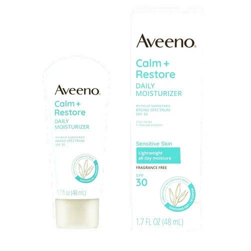 Aveeno Calm + Restore Daily Moisturizer Mineral Sunscreen with Broad Spectrum SPF 30, Lightweight All Day Moisture + UVA/UVB Sun Protection for Sensitive Skin, Fragrance Free, 1.7 fl. Oz
