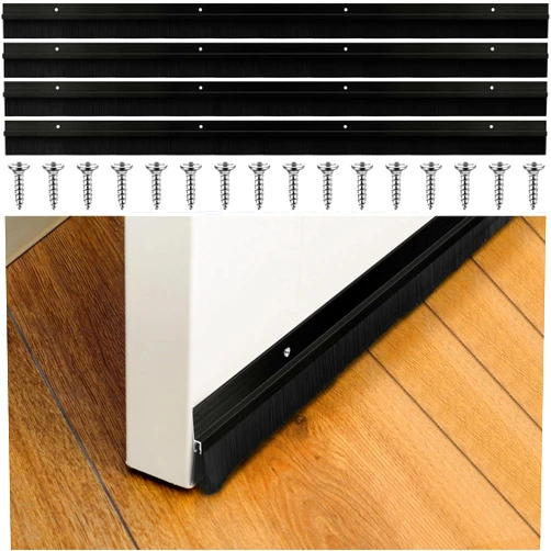 Frienda 4 Set Aluminum Black Door Sweep with Screws Length Door Brush Sweep for Gaps up to 1 Roll up Door Brush Seal for Bottom of Exterior Home Gate Garage Threshold for Stripping (1 x 36 Inch)