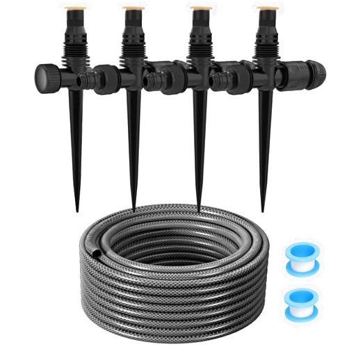 LADER Garden Above Ground Sprinkler System Kit for Lawn, 360° Adjustable Irrigation System Garden Lawn Sprinkler, Black Sprinkler with 52.5FT Hose and 8 Pipe Connectors, DIY Plant Watering Set (4 Pcs)