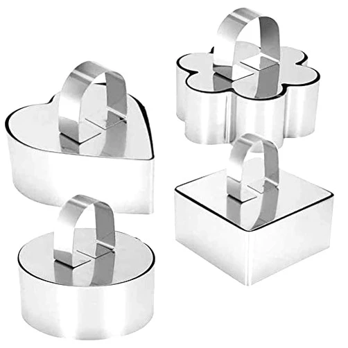 Defemim Stainless Steel 3D Cake Molds with Pusher Lifter Cooking Rings Set of 4,Baking Dish Bakeware Tools Cupcake Mold Mousse Ring Cheese Tools Salad Cake dessert Mould(4 different shapes)