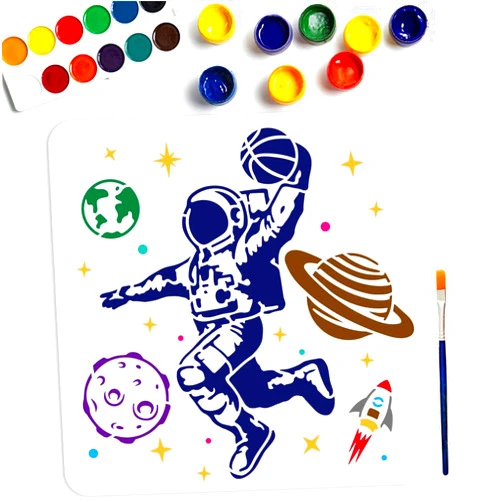 MAYJOYDIY Astronaut Planet Basketball Stencil 11.8×11.8inch Large Space Theme Star Stencils with Paint Brush Reusable Basketball Shooting Rocket Template for DIY Craft Furniture Wood Canvas Paper