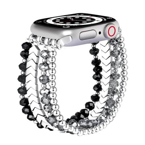 GEMEK Bracelet Band Beaded Compatible with Apple Watch 38/40/41mm Women, Fashion Elastic Stretch Strap Bands for iWatch Series SE/9/8/7/6/5/4/3/2/1 (Black/Sliver/Grey)