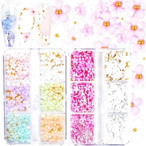 Qdsuh 3D Flower Nail Charms, 2 Boxes 3D Acrylic Flower Nail Art Rhinestones White Pink Mixed Cherry Blossom Spring Gems Acrylic Nail Supplies with Pearls Manicure DIY Nail Decorations