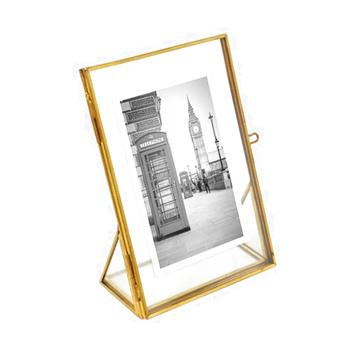 Isaac Jacobs 4x6, Antique Gold, Vintage Style Brass and Glass, Floating Photo Frame, Metal, (Vertical), with Locket Closure and Angled Base, for Pictures, Art, Mementos, Keepsakes (4x6, Antique Gold)