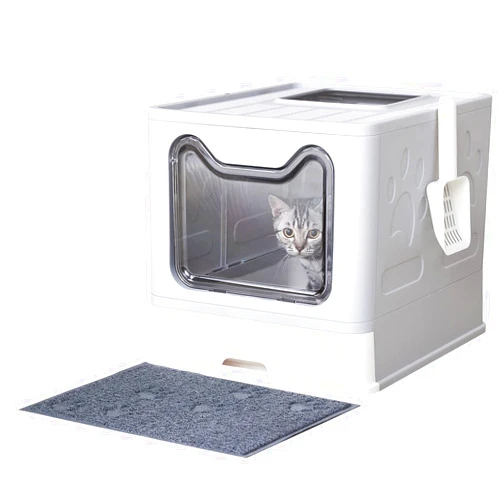 Medario Cat Litter Box with Litter Mat and Scoop, Large Foldable Litter Box with Lid, Front Entry Top Exit Kitty Litter Box, Odor Control Easy Clean (Grey)