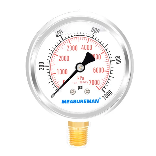 MEASUREMAN 2-1/2inch Dial Size, Liquid Filled Pressure Gauge, 0-1000psi/7000kpa, 304 Stainless Steel Case, 1/4inchNPT Lower Mount