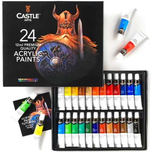 Castle Art Supplies 24 x 12ml Acrylic Paint Set | Value Beginner Set for Starters or Adult Artists | Quality Intense Colors | Smooth to Use on Range of Surfaces | In Neat Presentation Box