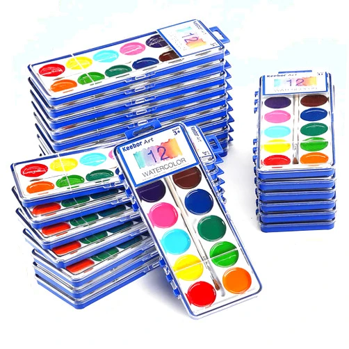 Keebor 12 Colors Watercolor Paint Set for Kids, 24 Pack Washable Water Colors for Party Favors, Gifts, Classroom Supplies (Wood Brushes Included)