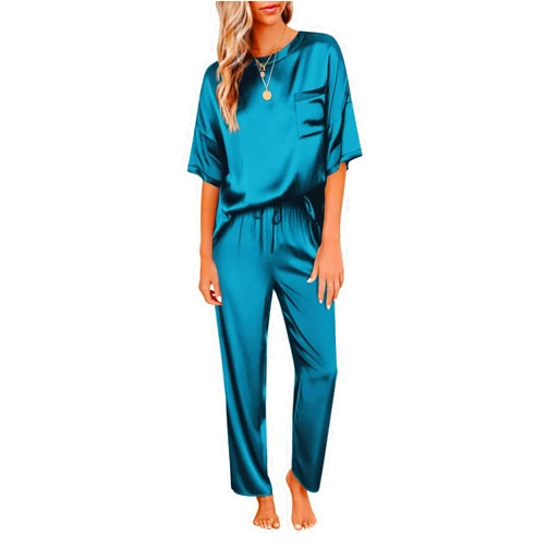 Ekouaer Womens Satin Silky Pajama Set Short Sleeve Shirt with Long Pajama Pant Set Soft PJ Loungewear