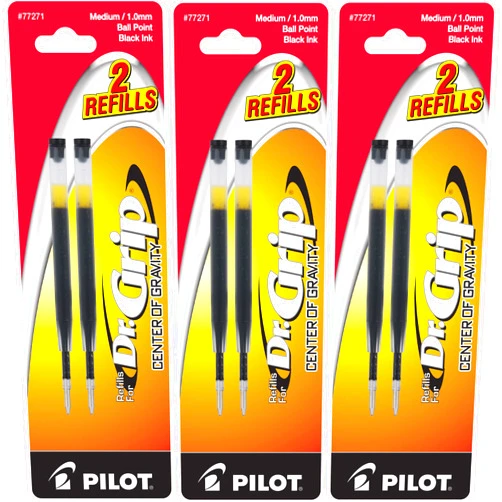 Pilot Dr. Grip Center of Gravity Ballpoint Pen Refills, Medium Point, Black Ink, 3 Packs of 2 Refills (6 Refills Total)