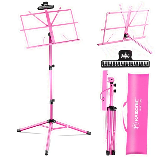 K KASONIC - Music Stand, 2 in 1 Dual-Use Folding Sheet Music Stand & Desktop Book Stand, Portable, Lightweight with Music Sheet Clip Holder & Carrying Bag Suitable for Instrumental Performance (Pink)
