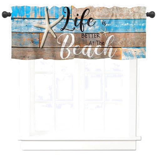 Bubkan Ocean Coastal Starfish Kitchen Curtain Valances for Windows Living Room Bedroom Beach Retro Wood Grain Life is Better at The Beach Privacy Panel Rod Pocket Window Treatment Draper-54x18in