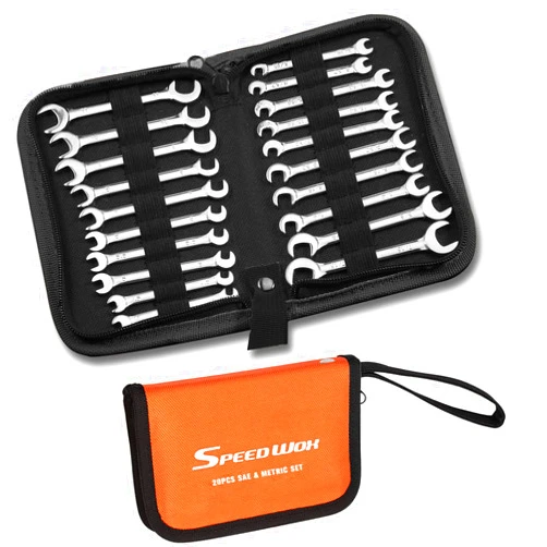 SPEEDWOX Mini Double Open End Wrench Set, 10-Piece Metric & SAE, Super-Thin Angled Heads, Made of Premium Carbon Steel, Includes Storage Pouch