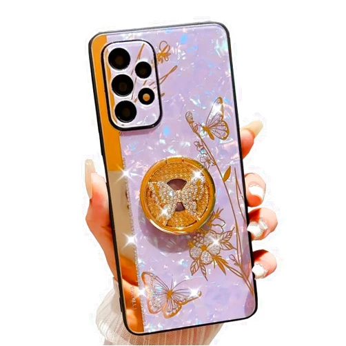 Topwin Galaxy A32 5G Kickstand Case, Cute Marble Conch Shell Floral Butterfly with Ring Stand Elegant Shockproof Protective Cover for Girls Women for Samsung Galaxy A32 5G (Purple)