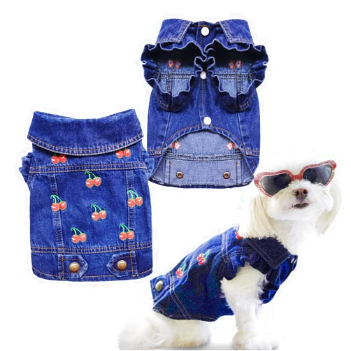 SILD Pet Clothes Dog Jeans Jacket Cool Blue Denim Coat Small Medium Dogs Lapel Vests Classic Puppy Hoodies (S, Cherry)